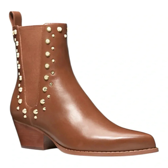Michael Kors Kinlee Astor Gold Studded Leather Ankle Boot in color Luggage